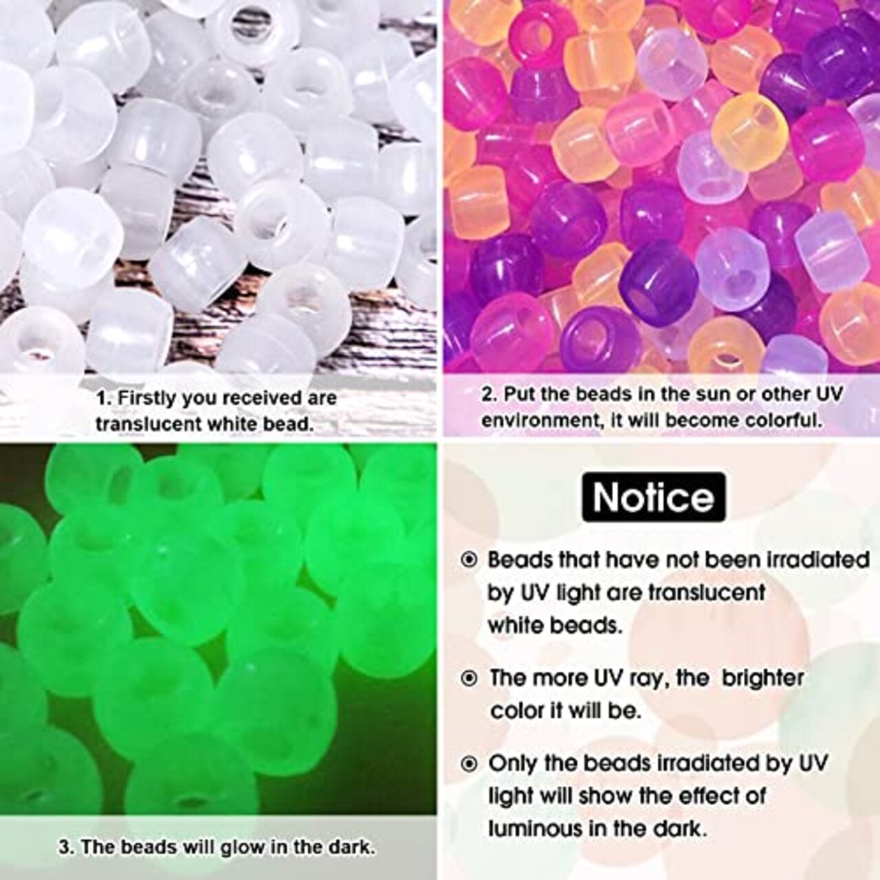 1000 Pieces Glow in The Dark Beads, Plastic UV Beads Bracelet Pony Beads Color Changing Beads for Jewelry Making Bracelets, Necklace